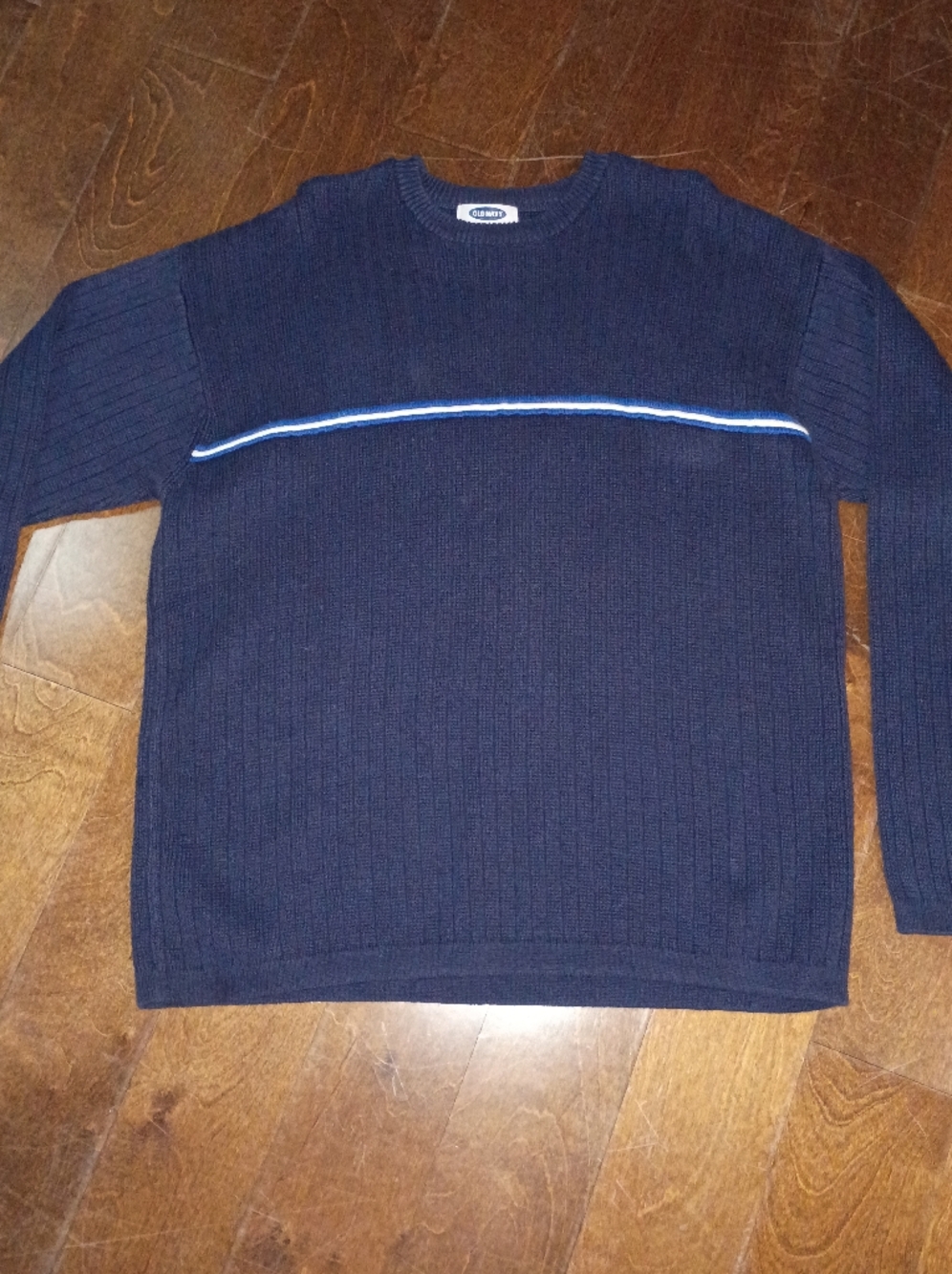 (Old Navy) Navy Ribbed Sweater with White & Light Blue Stripe.
